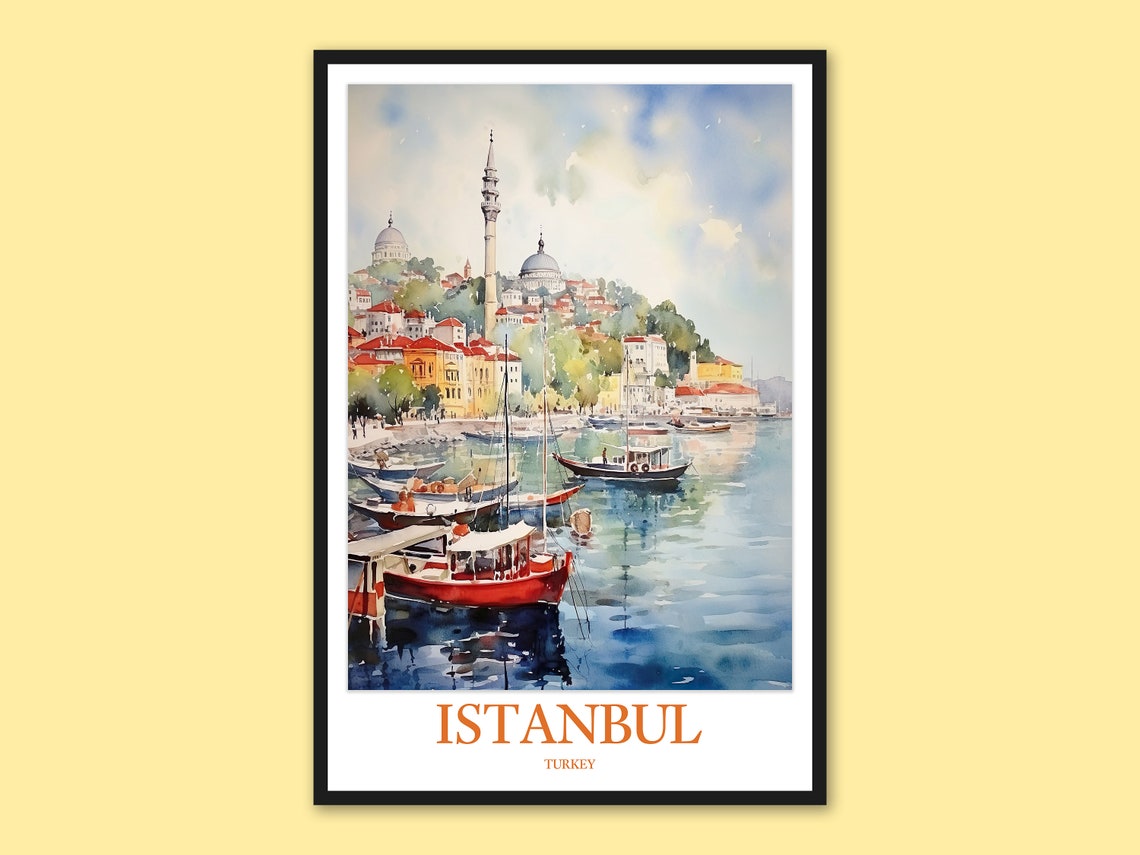 Istanbul Turkey Bosphorus Harbor Mosque Watercolor Travel Poster
