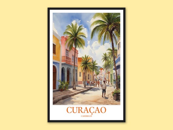 Curaao Travel Print Caribbean Street Scene Watercolor Art