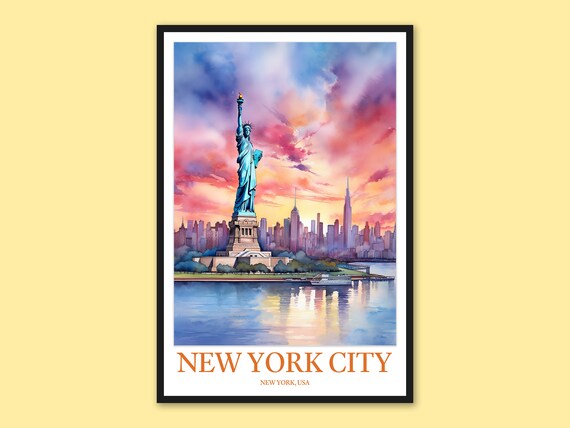New York City Statue Of Liberty Pink Sunset Watercolor Art Poster