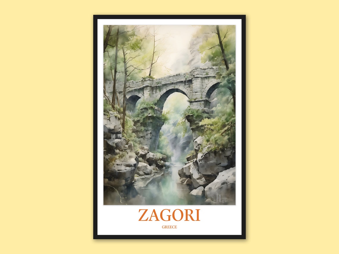 Zagori Greece Triple Arch Stone Bridge Forest River Travel Poster