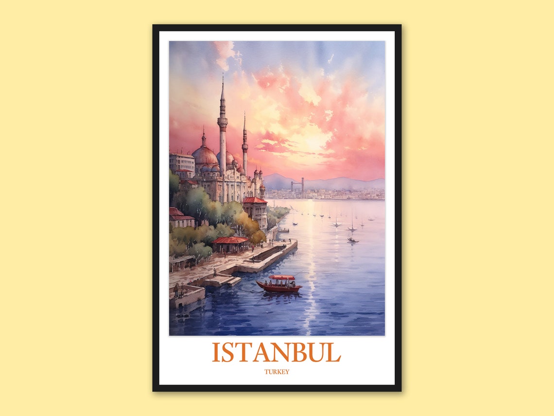Istanbul Turkey Bosphorus Shore Mosque Pink Sunset Travel Poster
