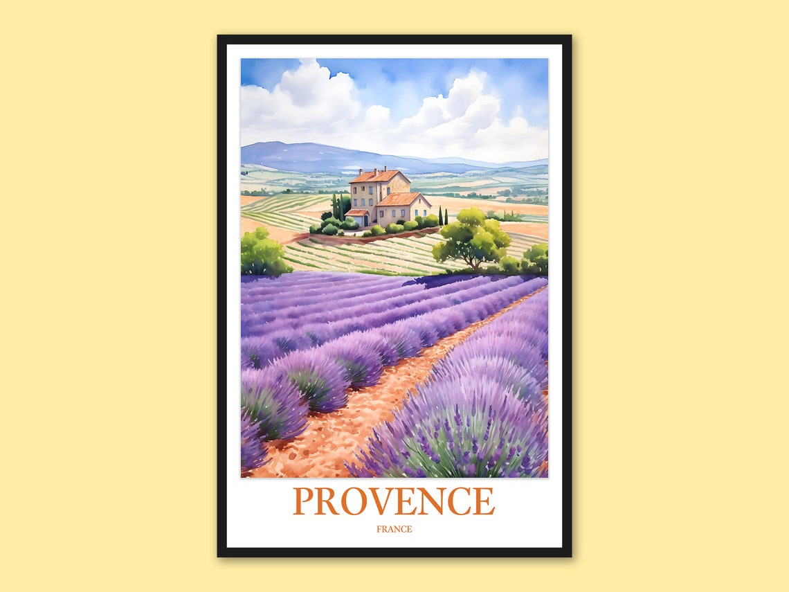 Provence Lavender Rows Hill Farmhouse Daytime Watercolor Poster