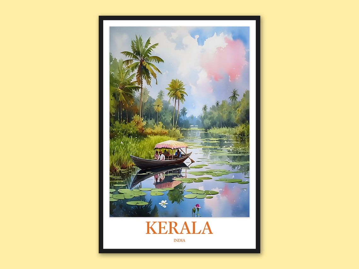 Kerala Backwaters Covered Boat and Lily Pads Watercolor Poster