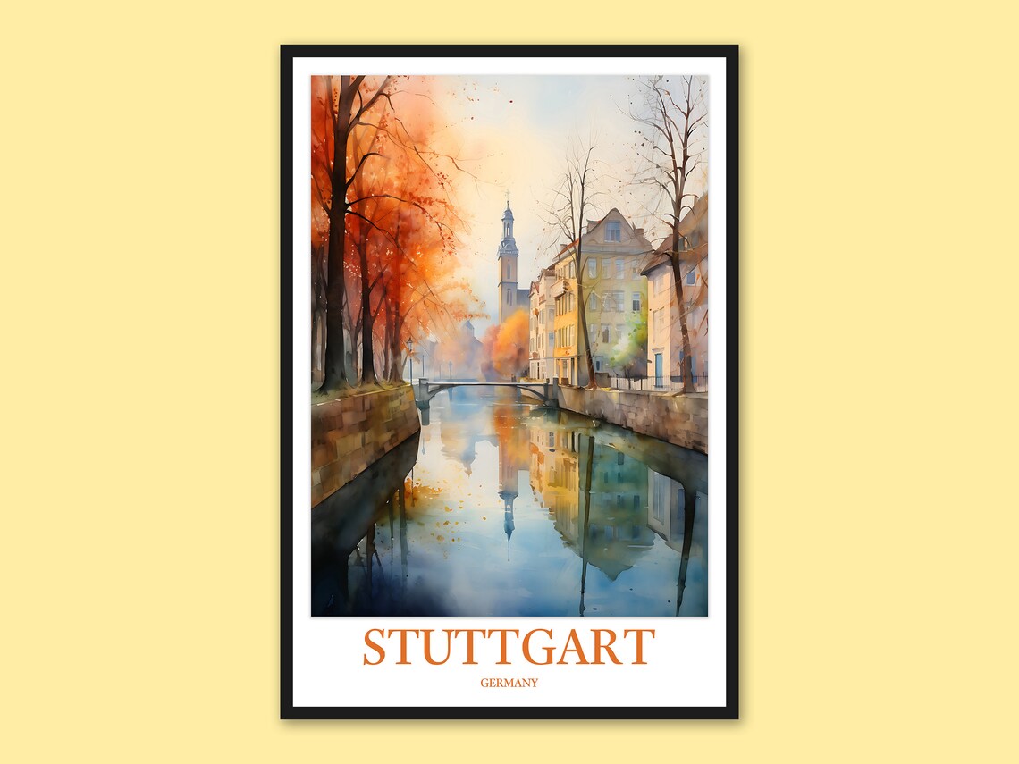 Stuttgart Germany Watercolor Travel Poster, Cityscape Art