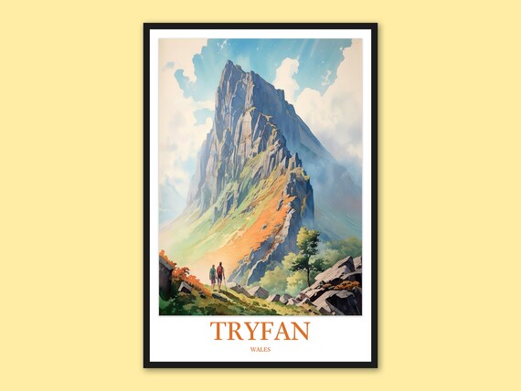 Tryfan Wales Rugged Mountain Peak Hiking Watercolor Travel Poster