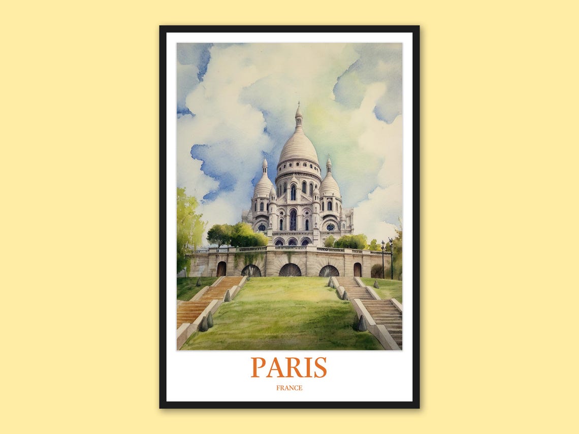 Paris Sacre Coeur Basilica Front Lawn Stairs Watercolor Travel Poster