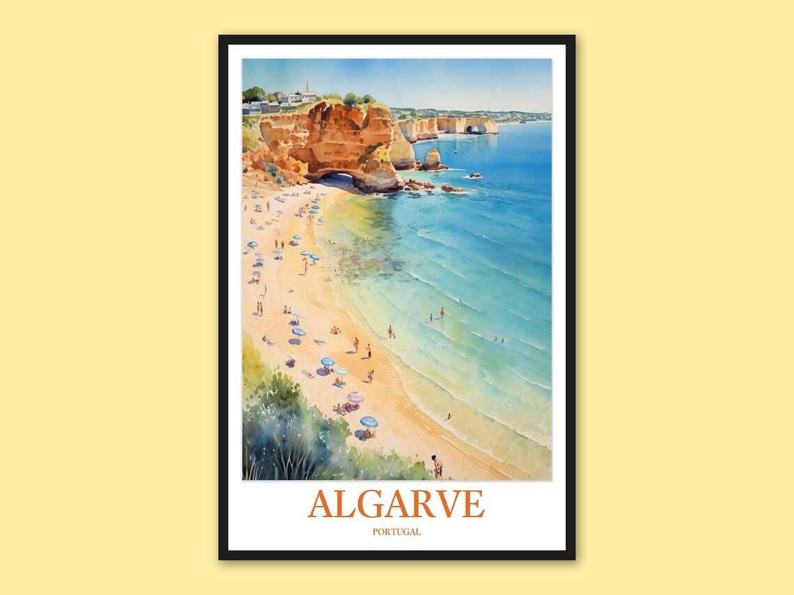 Algarve Portugal Sandy Beach With Umbrellas Watercolor Poster