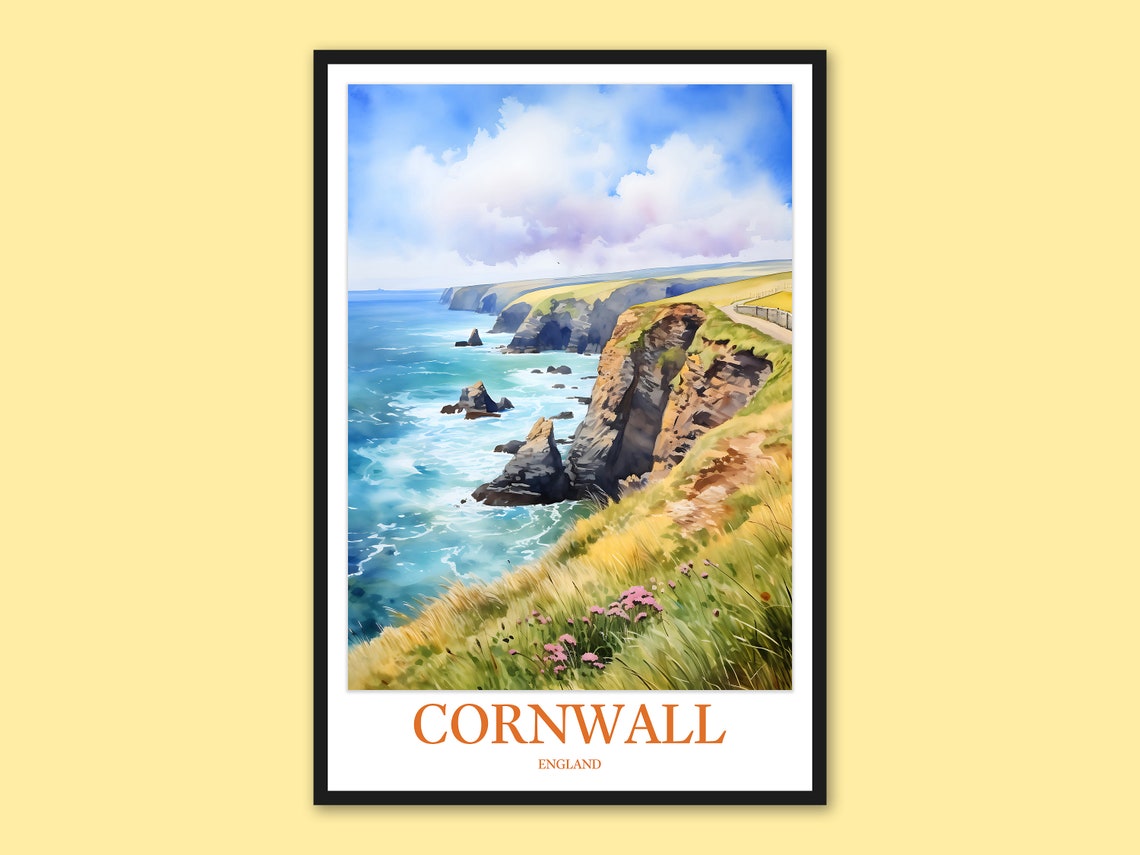 Cornwall England Dramatic Coastal Sea Cliffs Watercolor Travel Poster