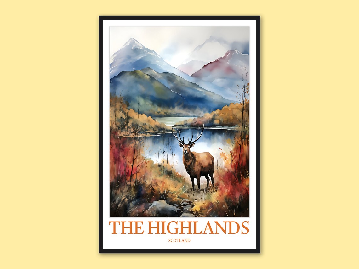Scottish Highlands Travel Poster Deer Mountain Wall Art