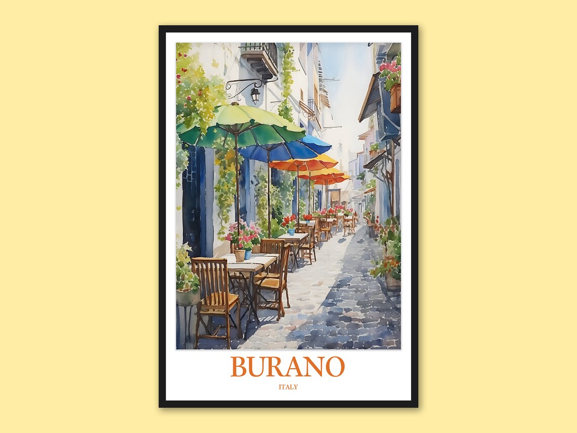 Burano Italy Outdoor Cafe Umbrellas Watercolor Travel Poster