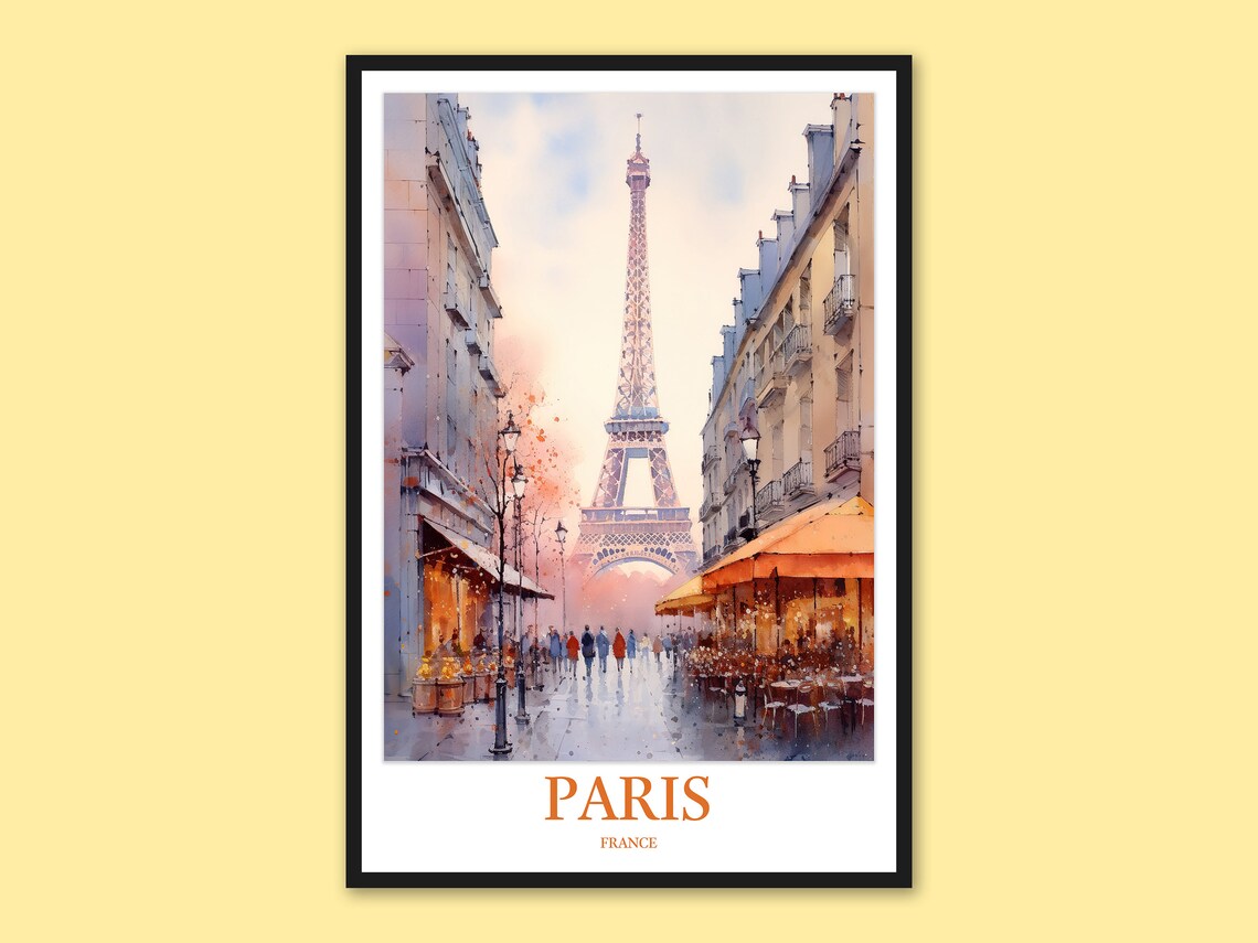 Paris France Eiffel Tower Rainy Street Café Watercolor Poster