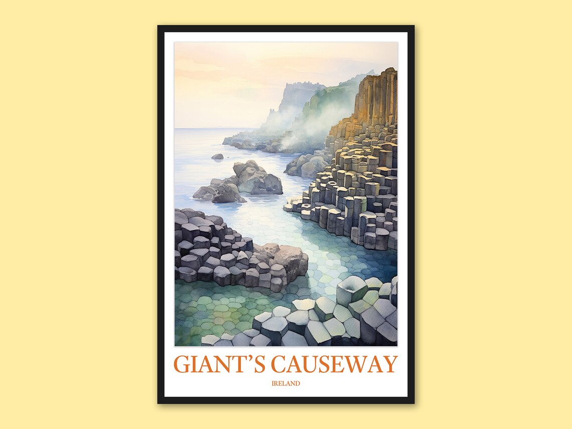 Giants Causeway Golden Basalt Cliffs Watercolor Ireland Travel Poster
