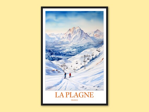 La Plagne France Ski Slopes Gondola Watercolor Travel Poster