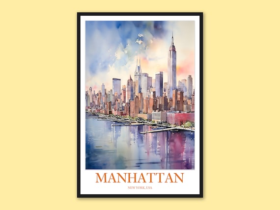 Manhattan Skyline Waterfront Sunset Watercolor Cityscape Poster