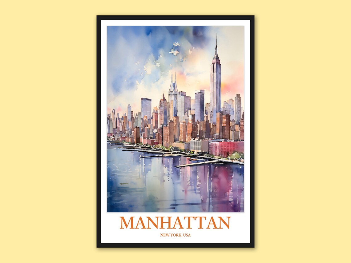 Manhattan Skyline Waterfront Sunset Watercolor Cityscape Poster