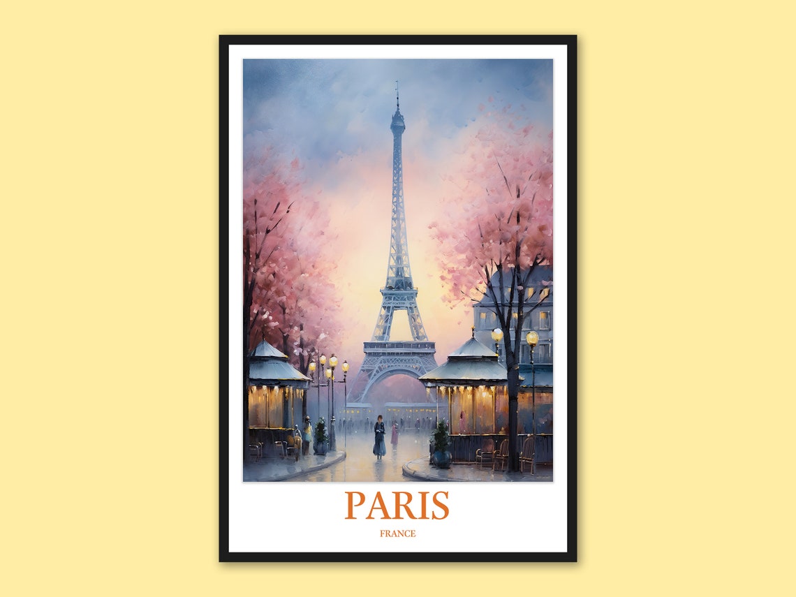 Paris Eiffel Tower Twilight Cafe Kiosks Cherry Blossom Poster