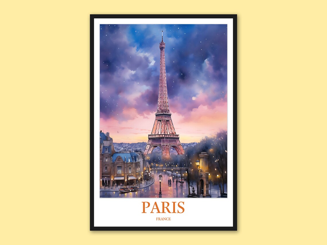 Paris Eiffel Tower Twilight Night Watercolor France Travel Poster