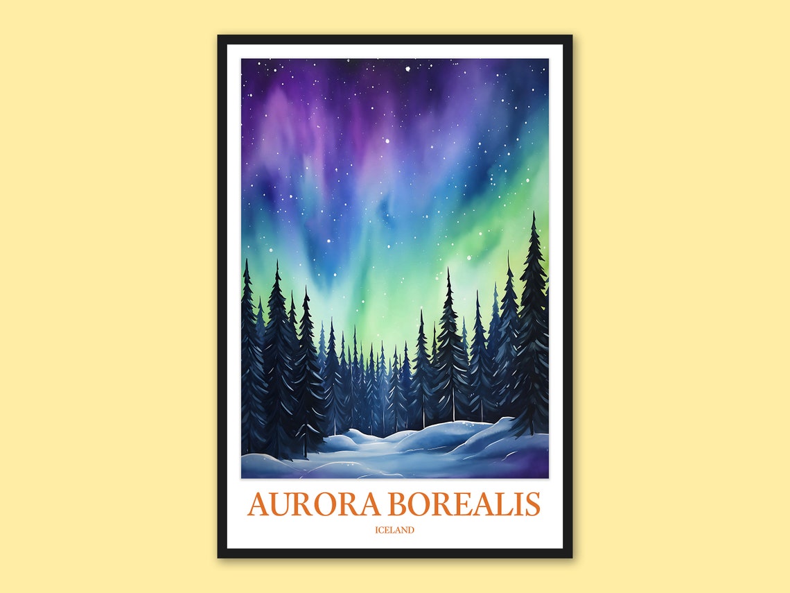 Vivid Green Aurora Borealis Iceland Snowy Forest Night Sky Poster