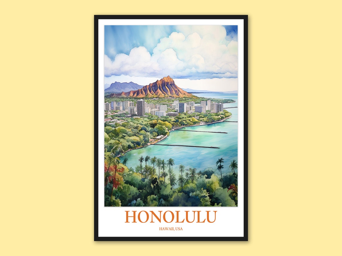 Honolulu Hawaii Diamond Head Skyline Coast Watercolor Travel Poster