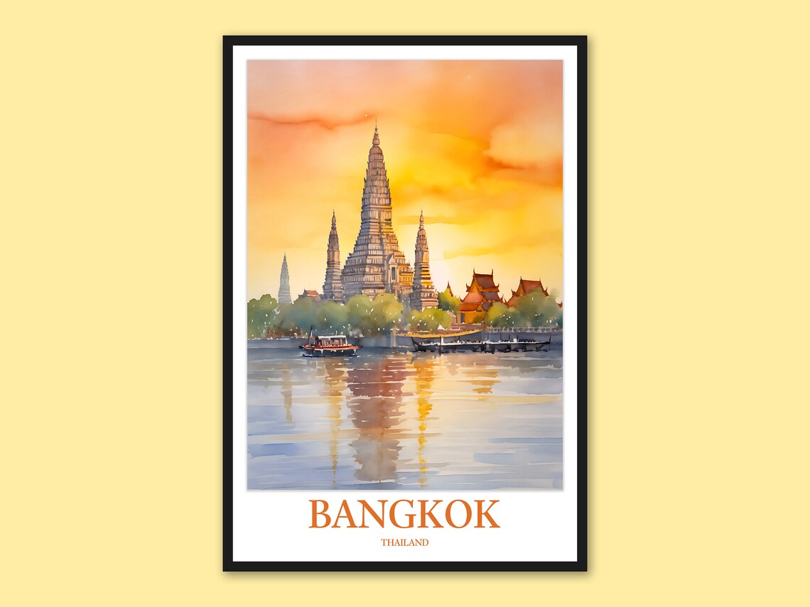 Bangkok Grand Palace at Sunset Watercolor Thailand Travel Poster