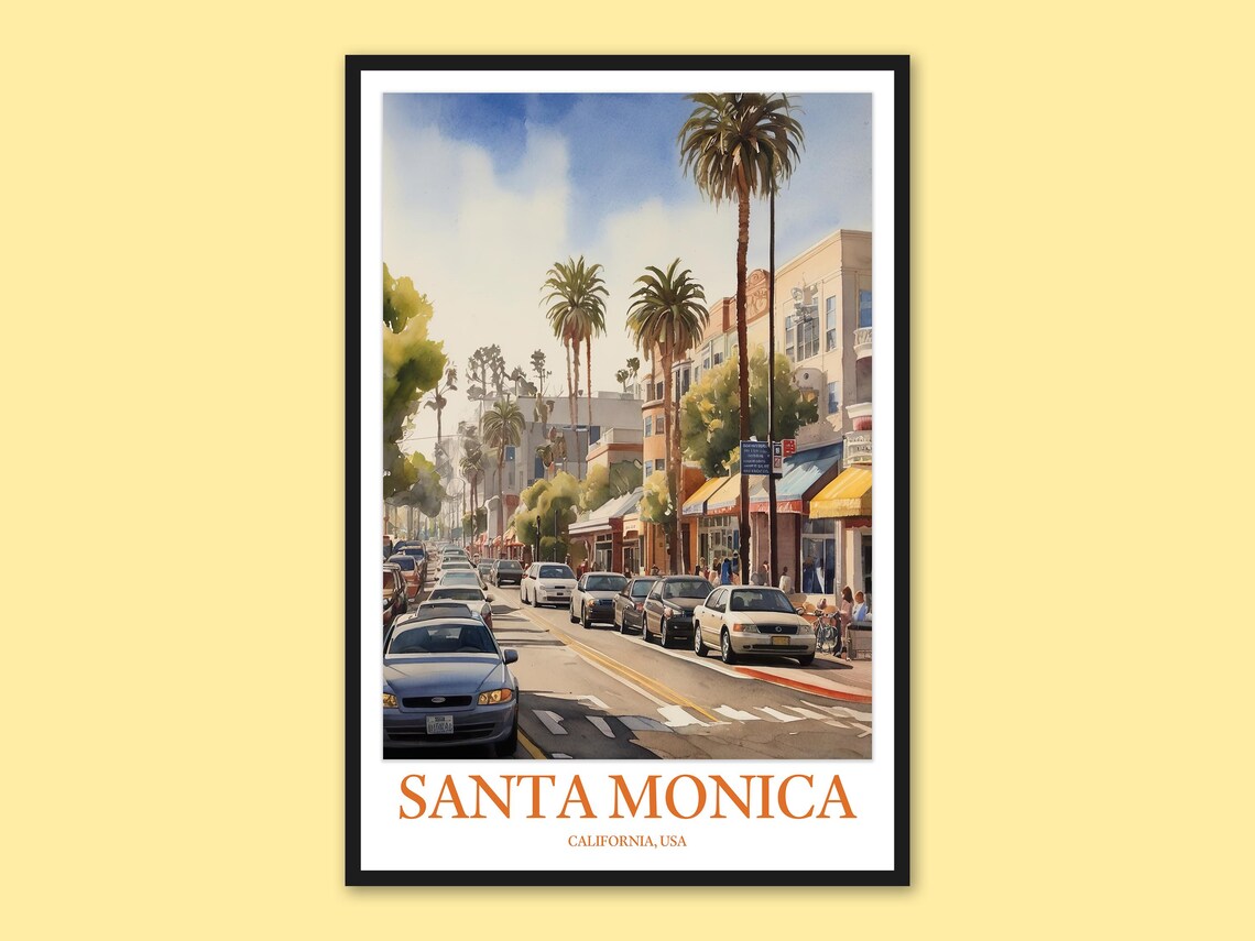 Santa Monica Palm Street Watercolor Travel California Beach City Poster