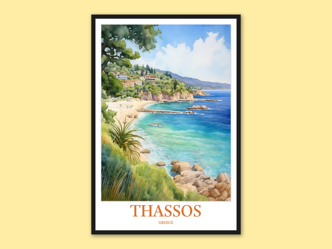 Thassos Greece Coastal Village Cliffs Watercolor Travel Poster