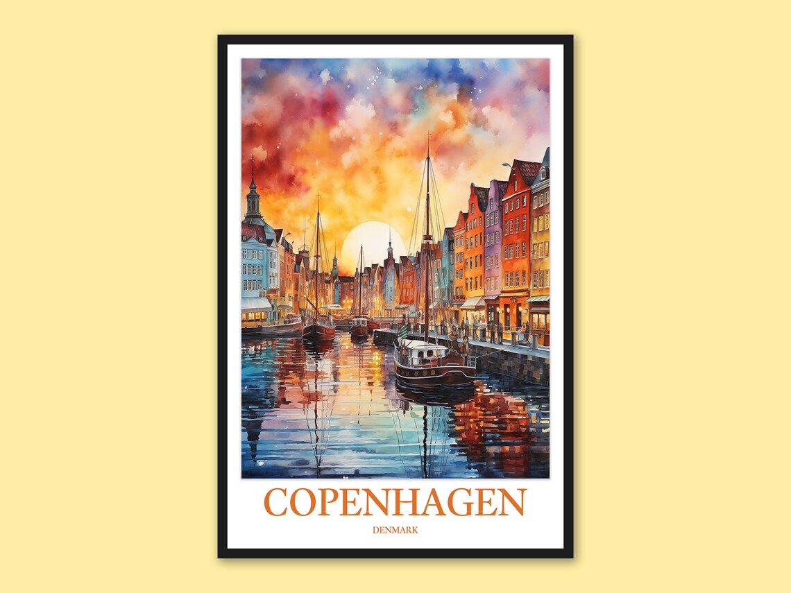 Copenhagen Nyhavn Sunset Harbor Golden Sky Watercolor Art Poster