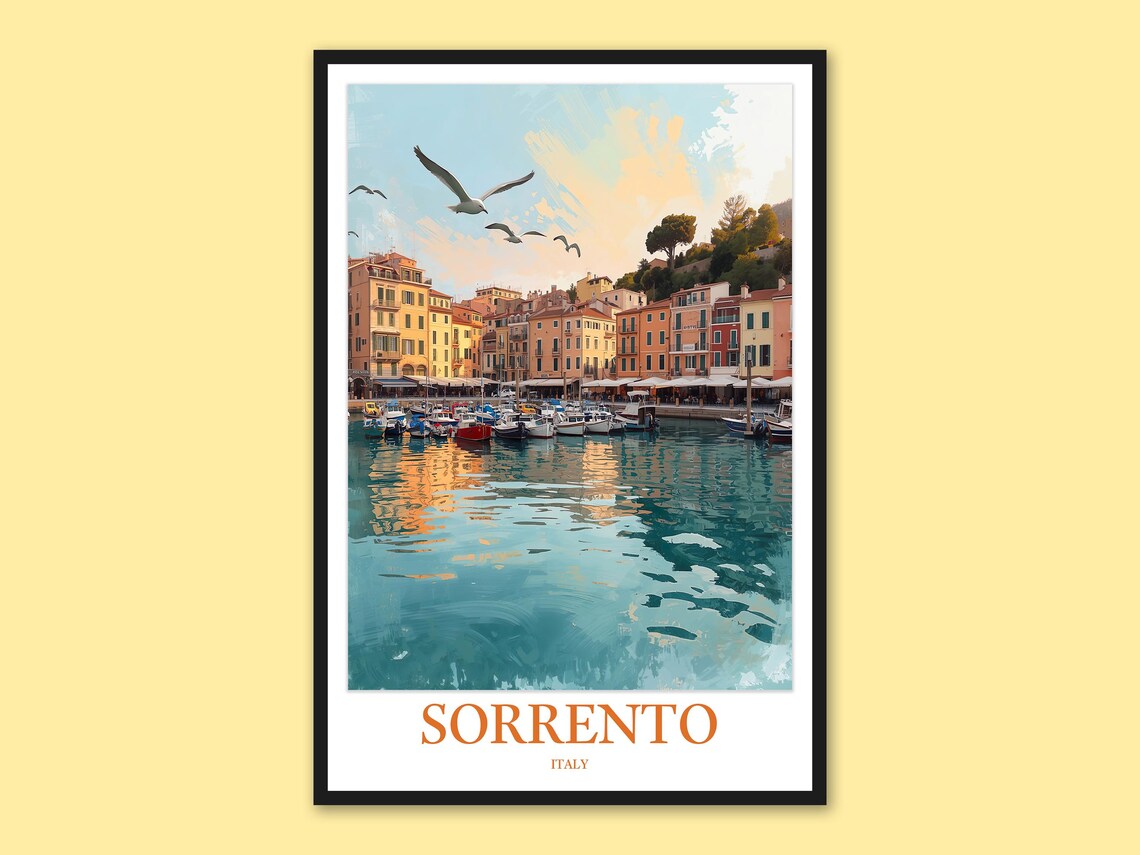 Sorrento Italy Golden Sunset Marina Boats Seagulls Travel Poster