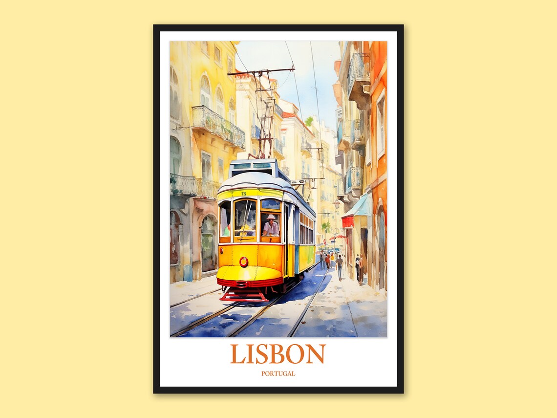Lisbon Portugal Yellow Tram Street Scene Watercolor Travel Poster