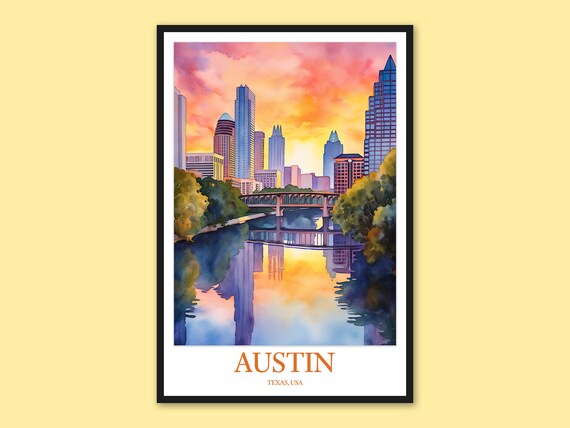 Austin Texas Sunset Downtown Skyline Bridge Watercolor Travel Poster