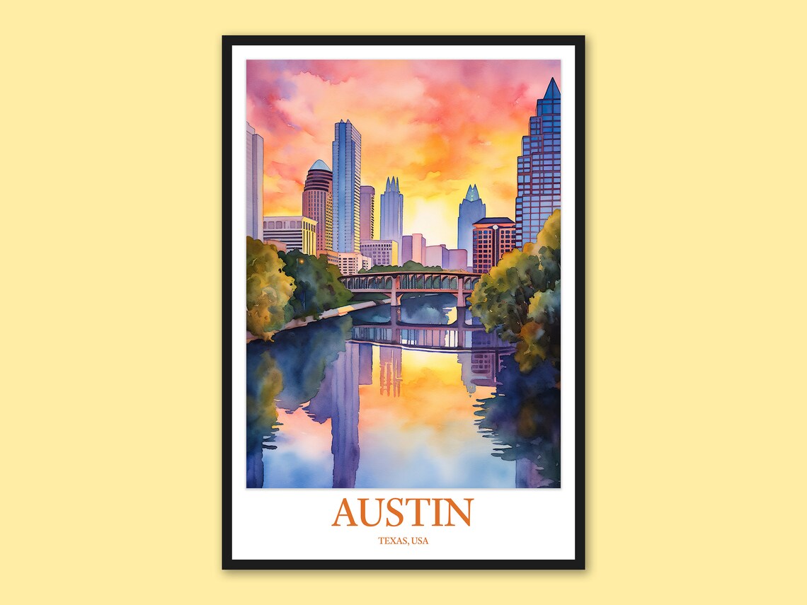 Austin Texas Sunset Downtown Skyline Bridge Watercolor Travel Poster