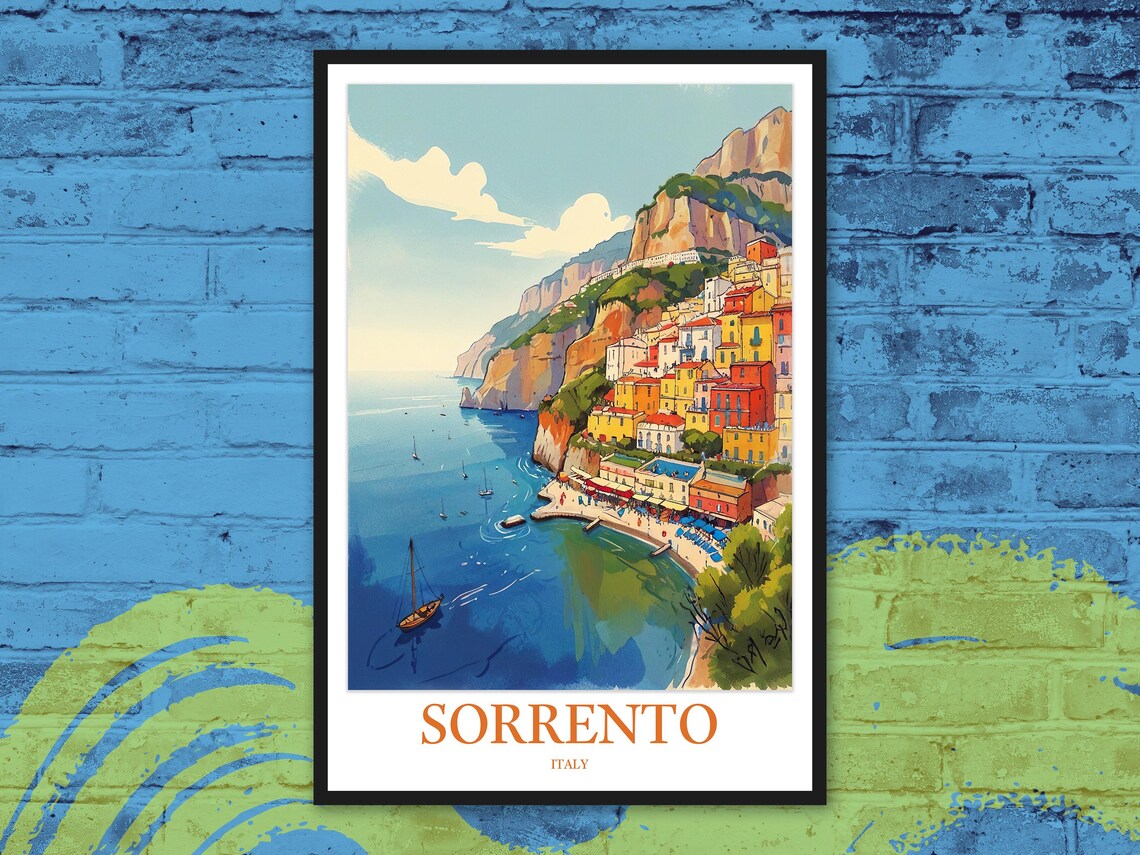 Sorrento Italy Cliffside Coastal Town Sunset Sailboats Travel Poster