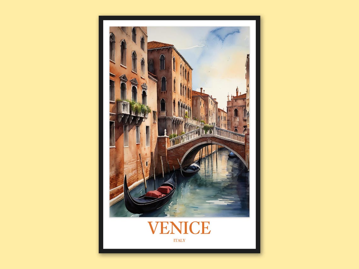 Venice Quiet Canal Gondola Bridge Side Street Watercolor Poster