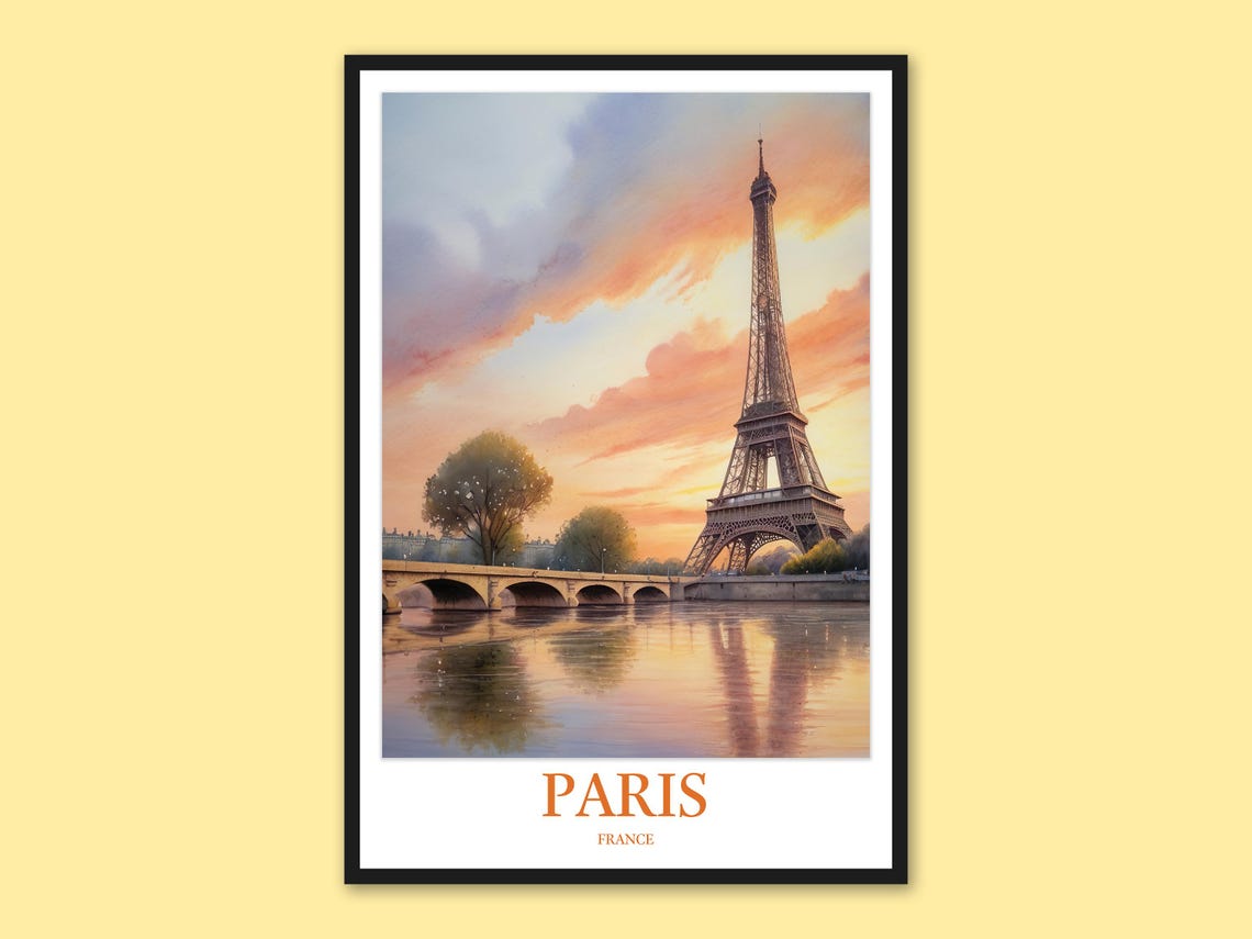 Eiffel Tower Paris Pink Sunset With Tree Watercolor Art Poster