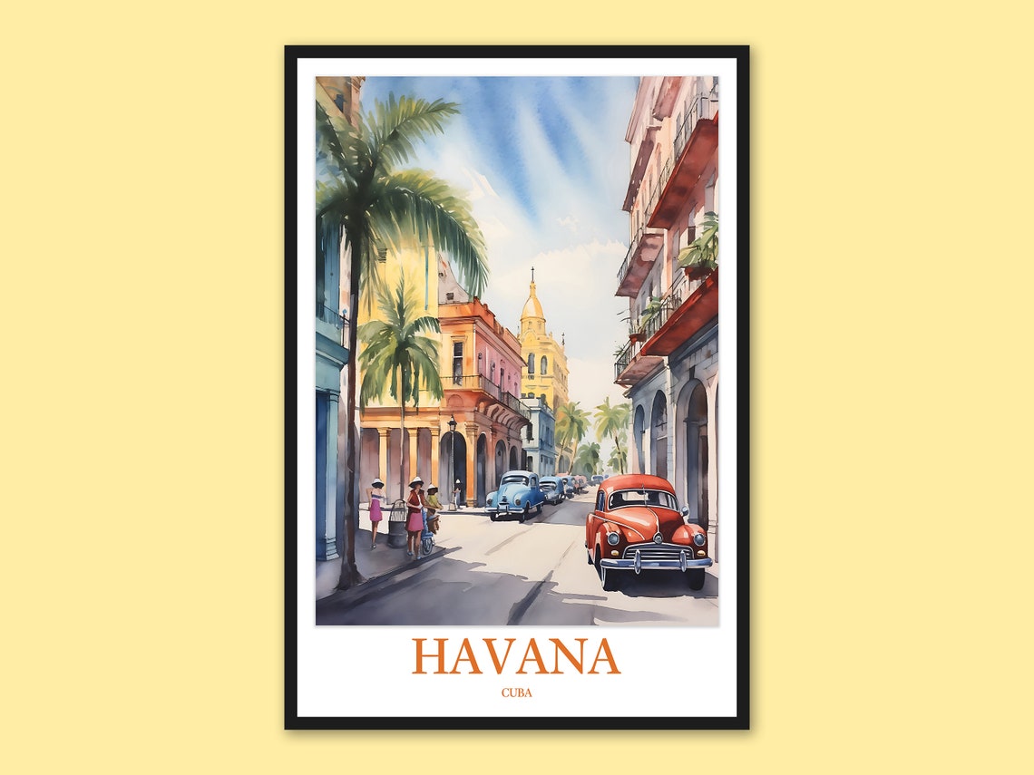 Havana Classic Cars Colonial Street Watercolor Cuba Travel Poster