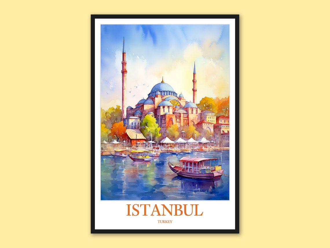 Istanbul Domed Mosque Ferry Boats Watercolor Travel Art Poster