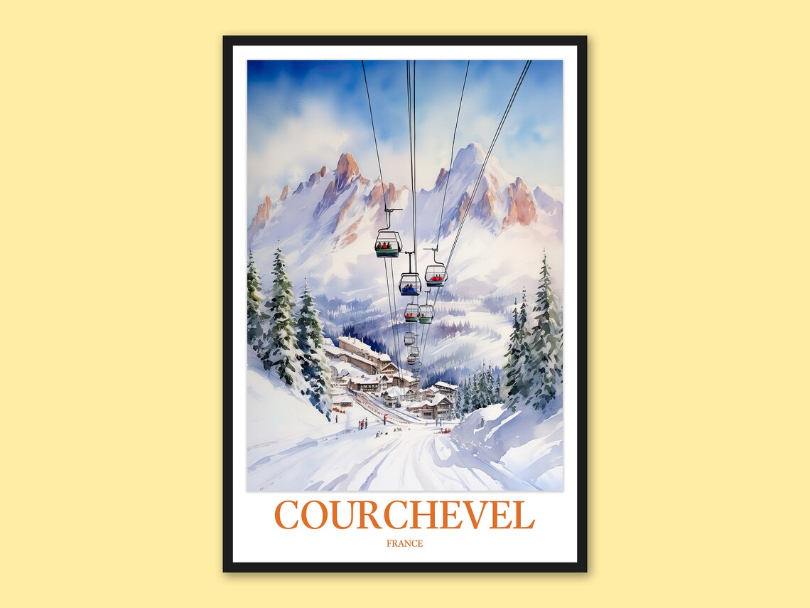 Courchevel France Alpine Ski Lift Winter Resort Watercolor Travel Poster