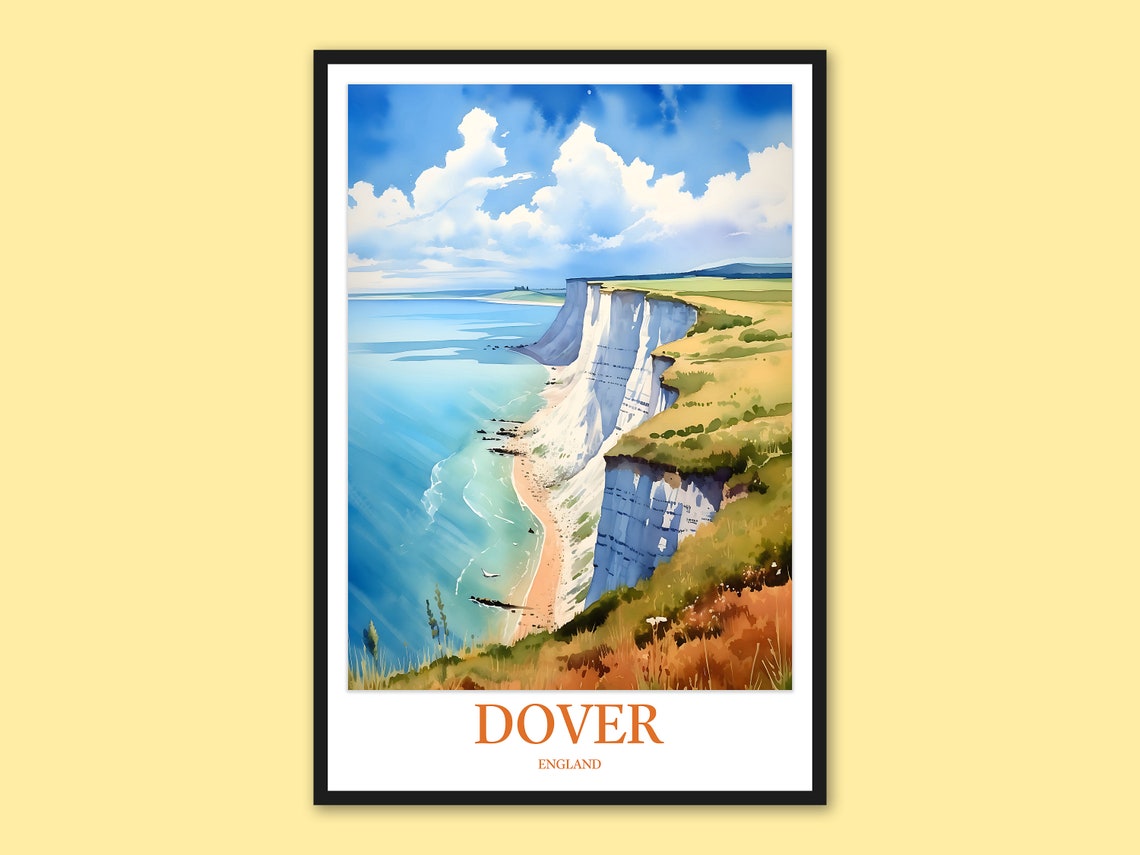 Dover England White Cliffs Coastline Watercolor Travel Poster