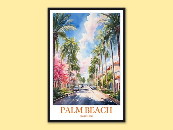 Palm Beach Florida Palm Lined Street Watercolor Travel Poster