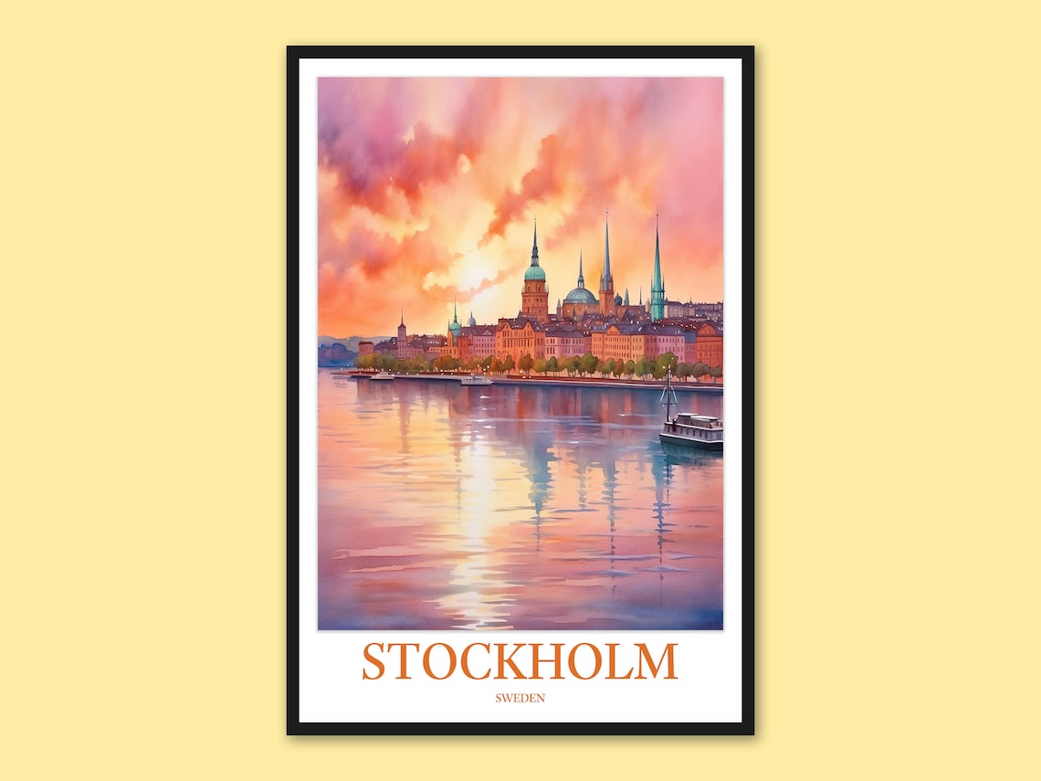 Stockholm Sweden Sunset Skyline Watercolor Travel Art Poster