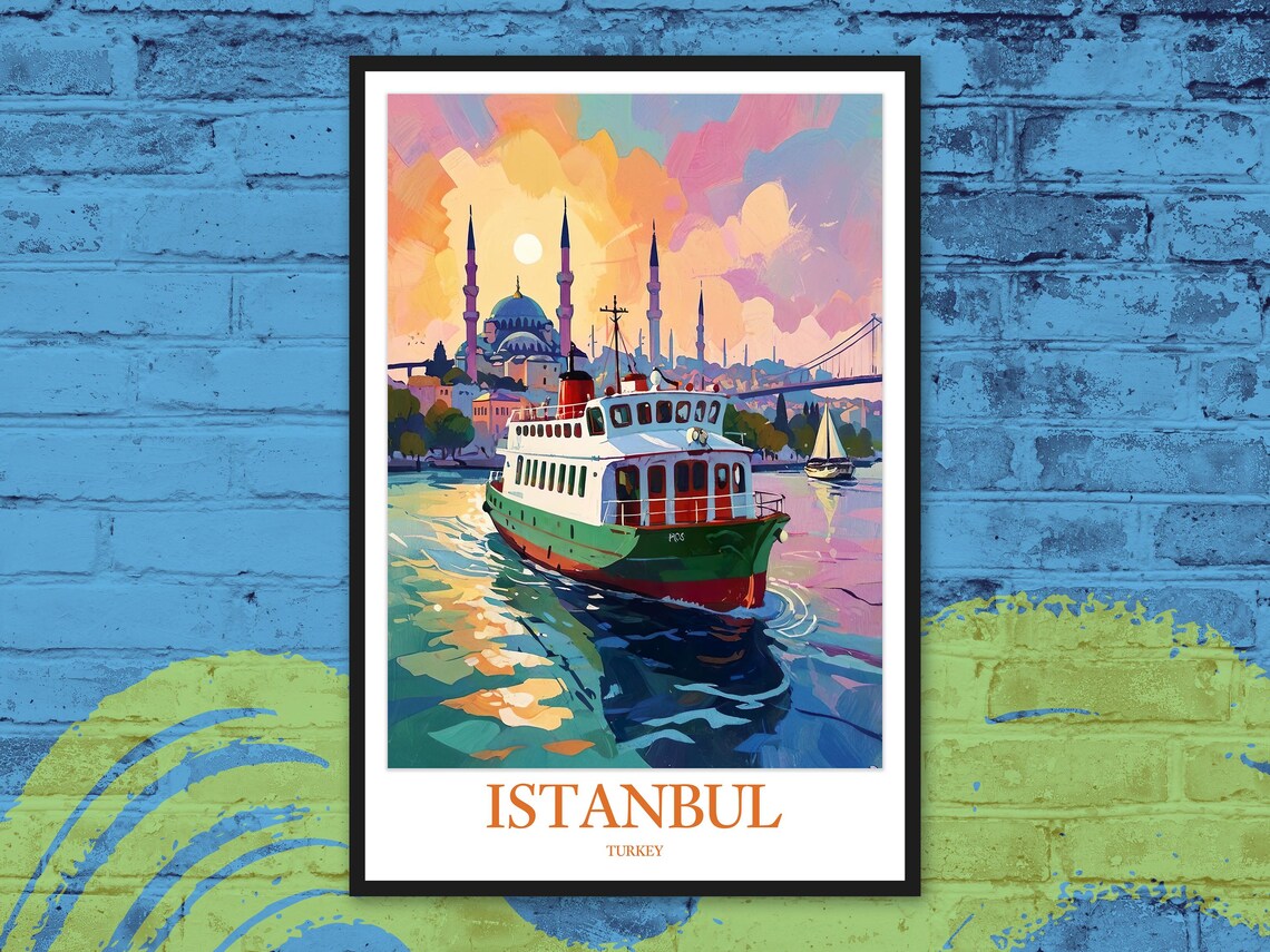 Istanbul Turkey Sunset Ferry Mosque Colorful Pop Art Travel Poster