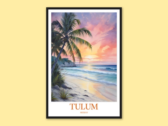 Tulum Beach Print Mexico Travel Wall Art Palm Tree Sunset