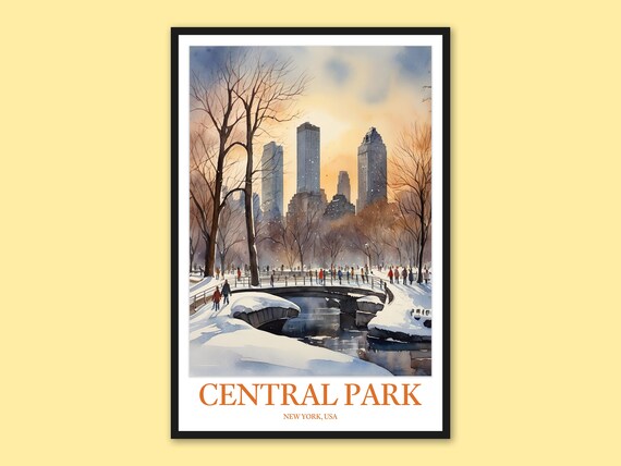 Central Park Winter Snowy Bridge New York Watercolor Travel Poster