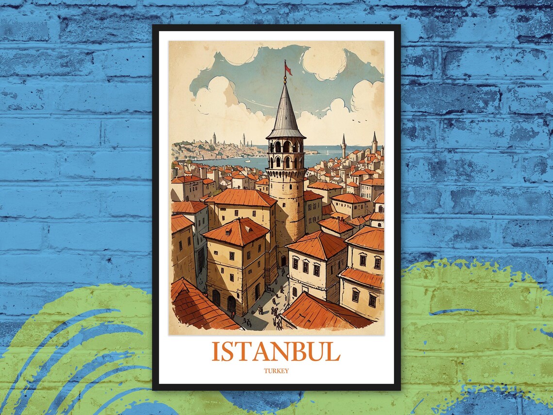 Istanbul Galata Tower Red Rooftops Vintage Travel Art Poster