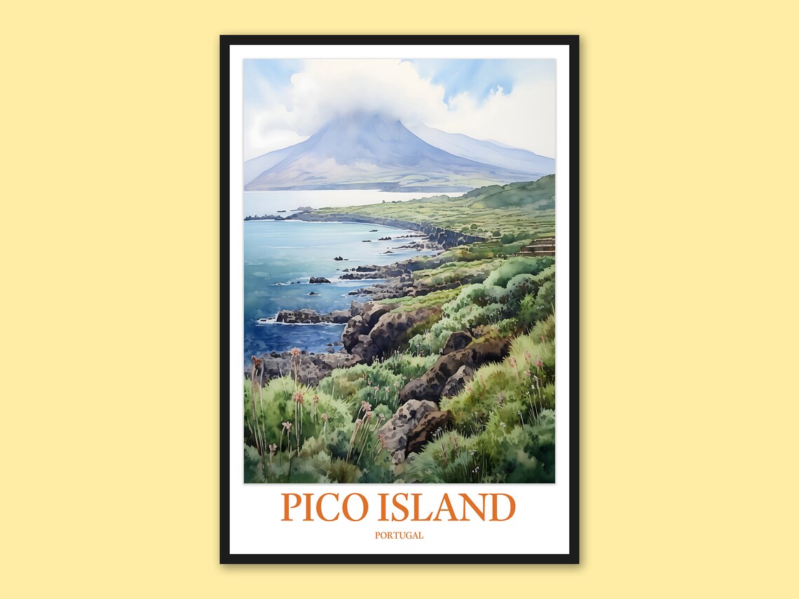 Pico Island Portugal Volcanic Coastline Mount Pico Watercolor Poster