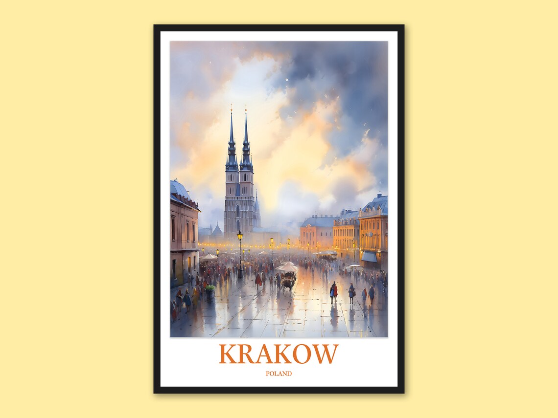 Krakow Poland Rainy Evening Church Spires Cobblestone Travel Poster