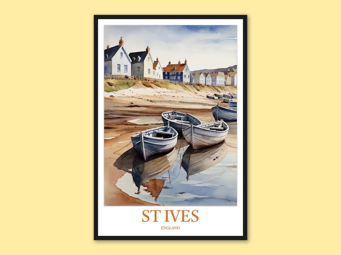 St Ives England Beached Fishing Boats Watercolor Travel Poster