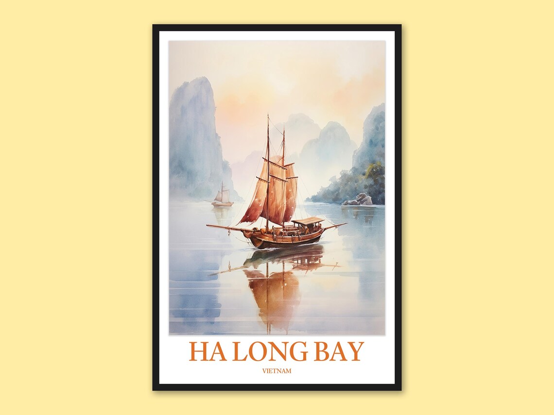 Ha Long Bay Vietnam Sailboat at Sunrise Watercolor Travel Poster