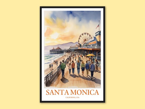 Santa Monica Pier Sunset Boardwalk Watercolor Travel Beach Scene Poster
