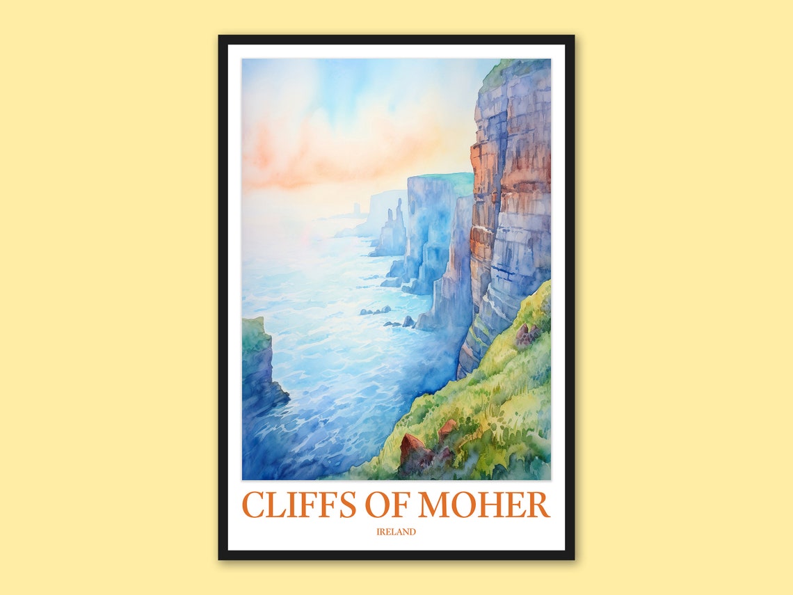Cliffs Of Moher Ireland Watercolor Orange Cliffs Ocean Poster